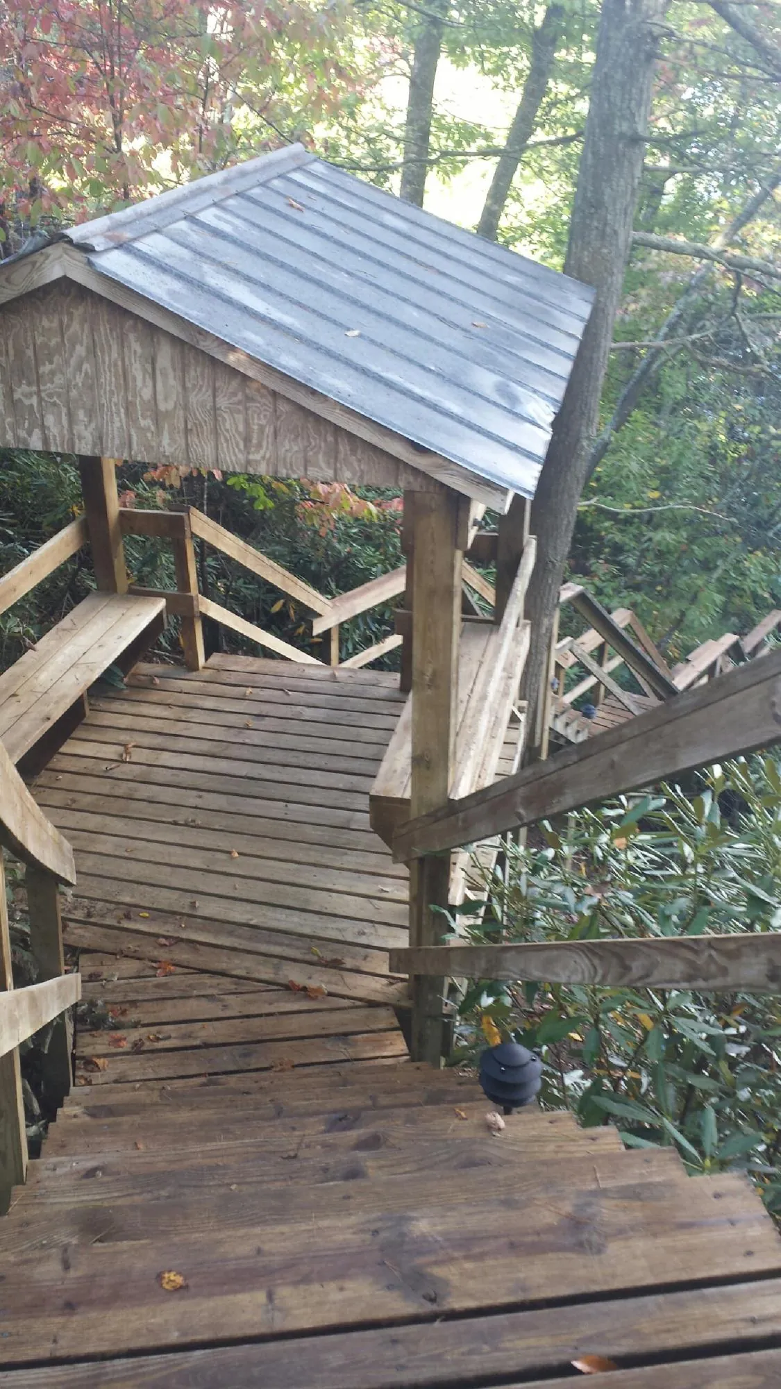 Metal roofed shelter over wooden steps on a wooded walkway — Skylight Repair & Installation work by our crew in Clemmons